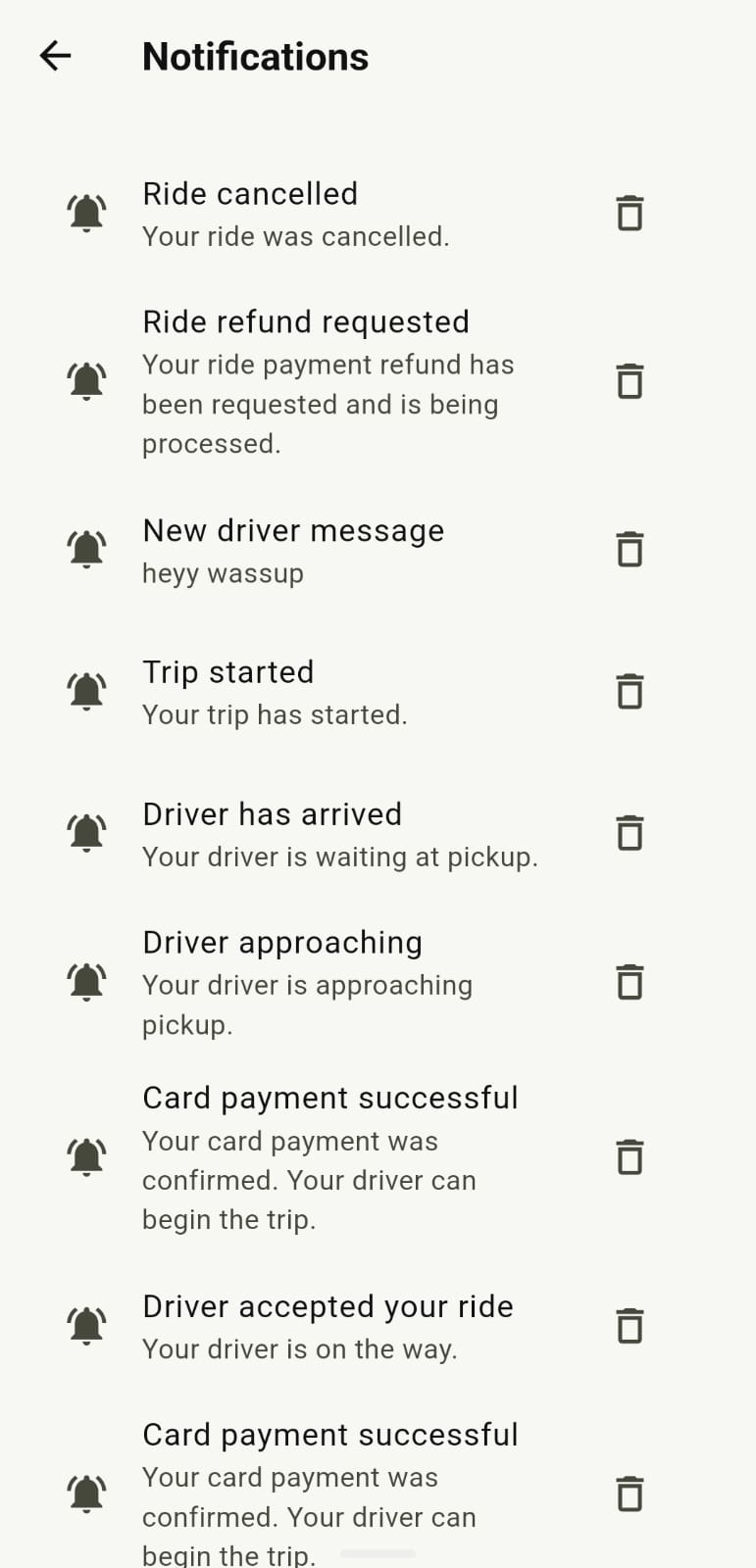 AfrolandX Rides notifications screen showing ride updates
