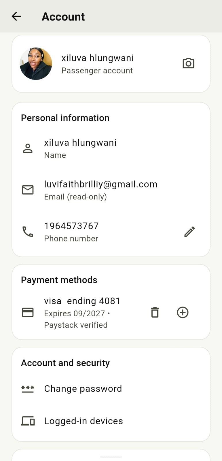 AfrolandX Rides passenger account screen with personal information and Paystack payment methods