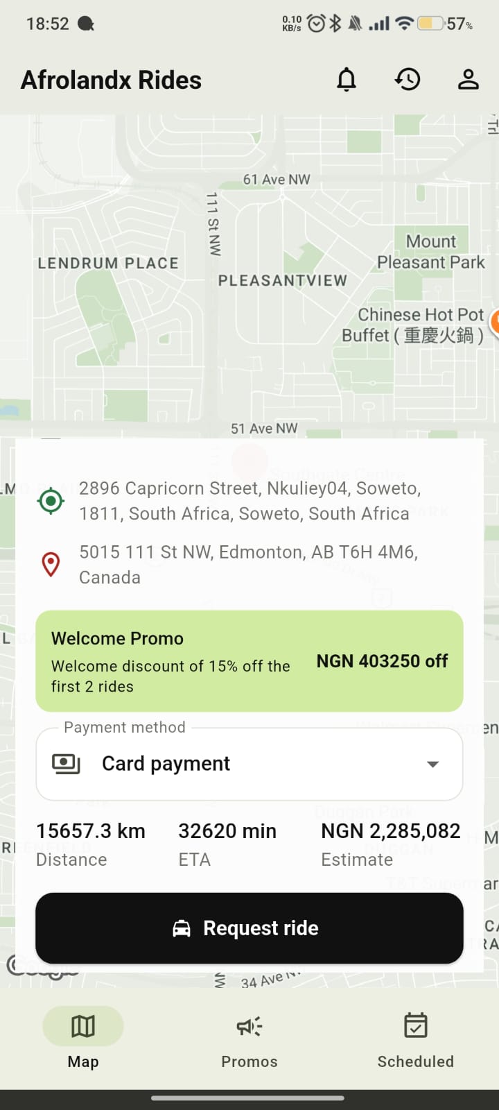 AfrolandX Rides promotions screen showing available ride offers