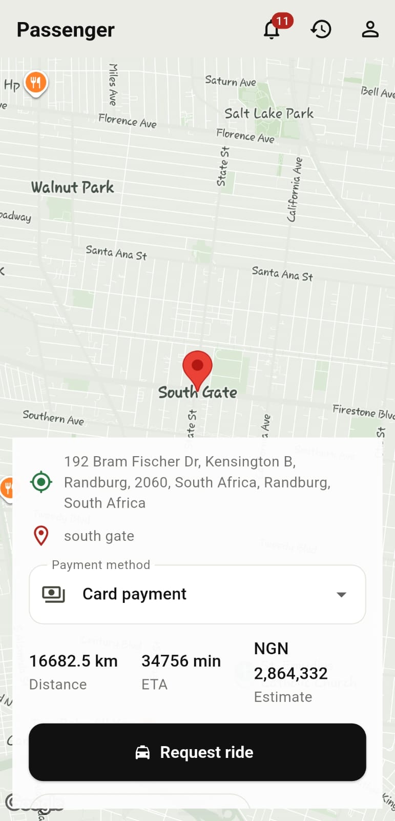AfrolandX Rides route and fare estimate screen