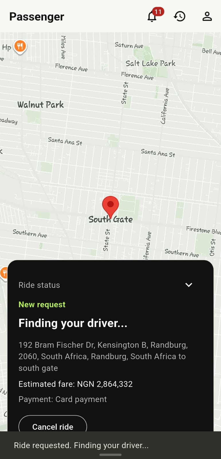 AfrolandX Rides active ride status screen