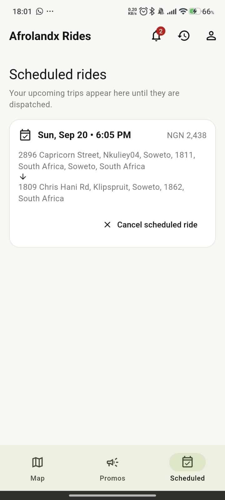 AfrolandX Rides scheduled ride screen showing a future pickup time