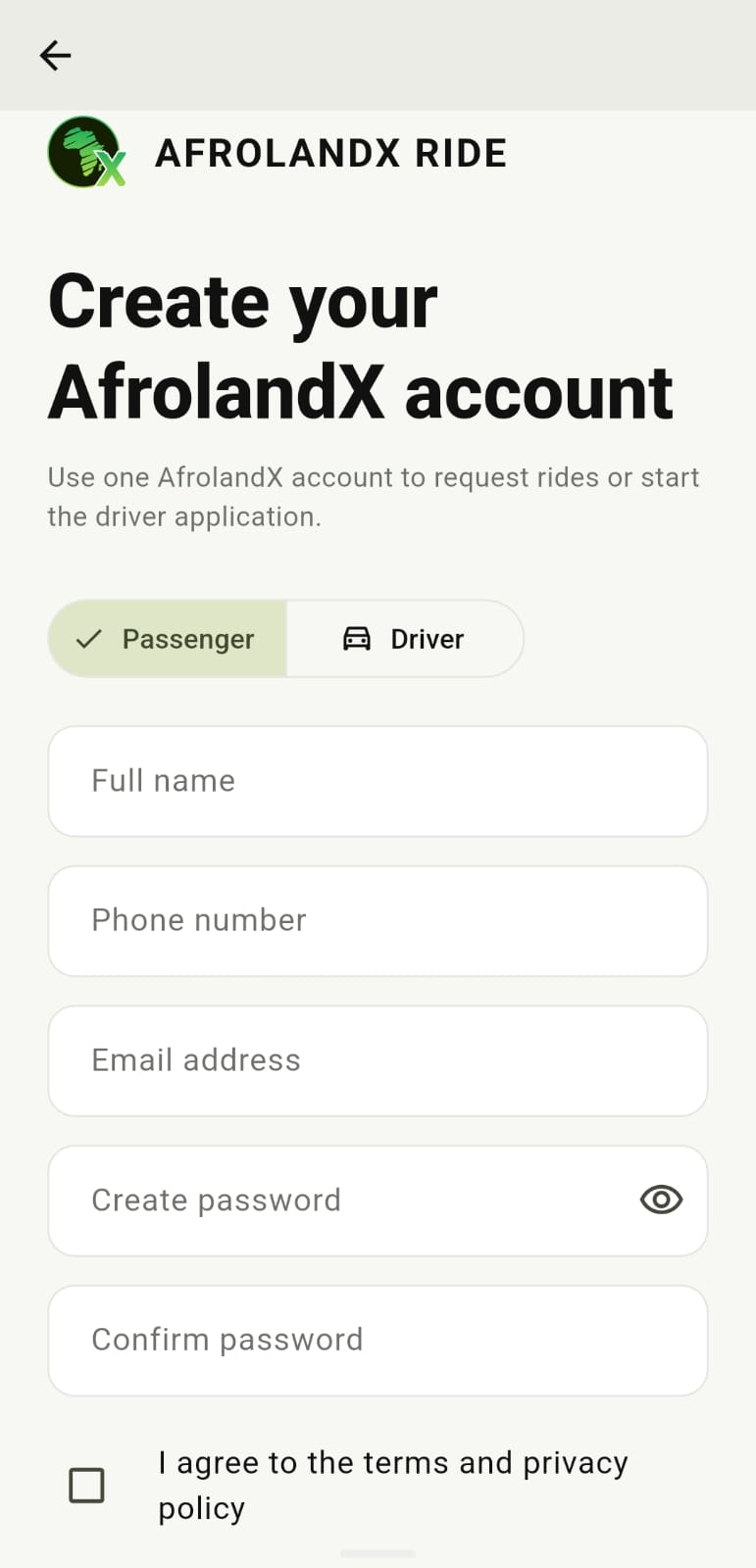 AfrolandX Rides account creation screen